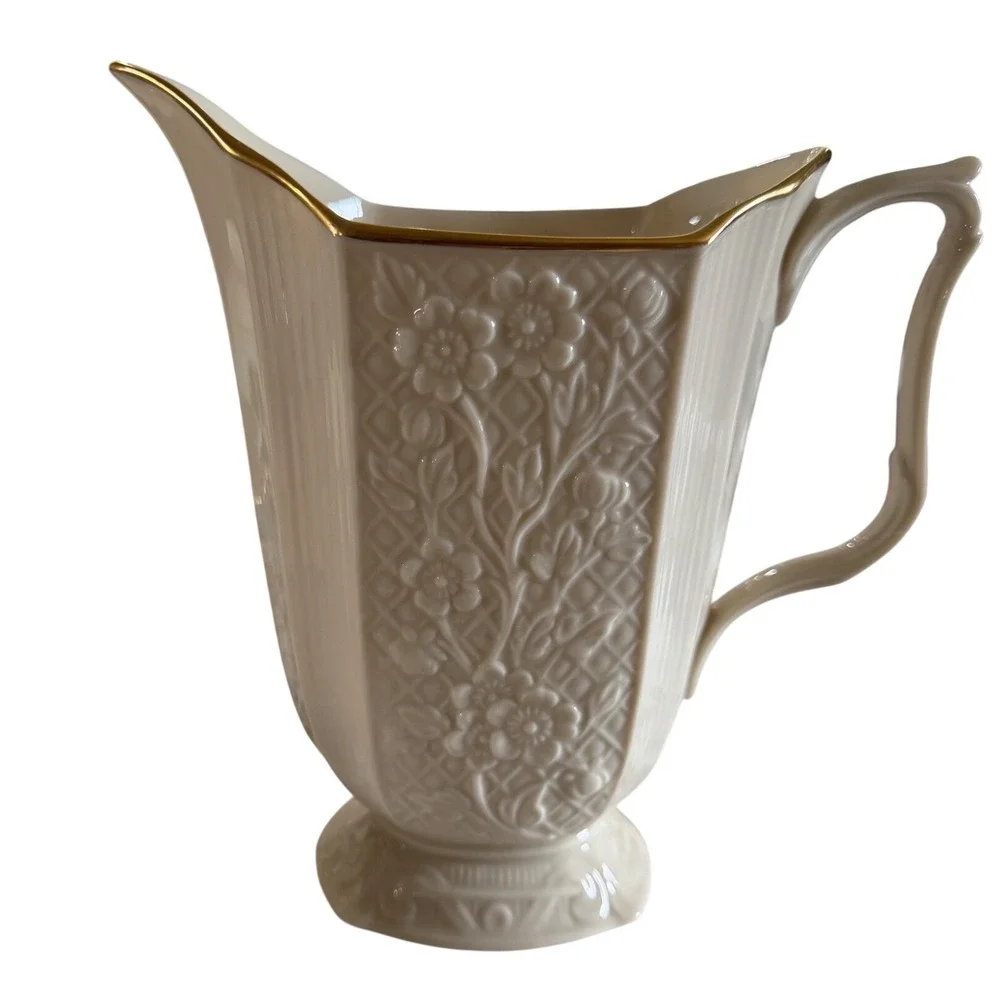 Lenox Carolina Pitcher Ivory China 24K Gold Trim Raised Floral Trellis USA 7.5